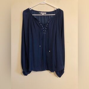 Jennifer Lopez Deep Blue Lace-Up Blouse